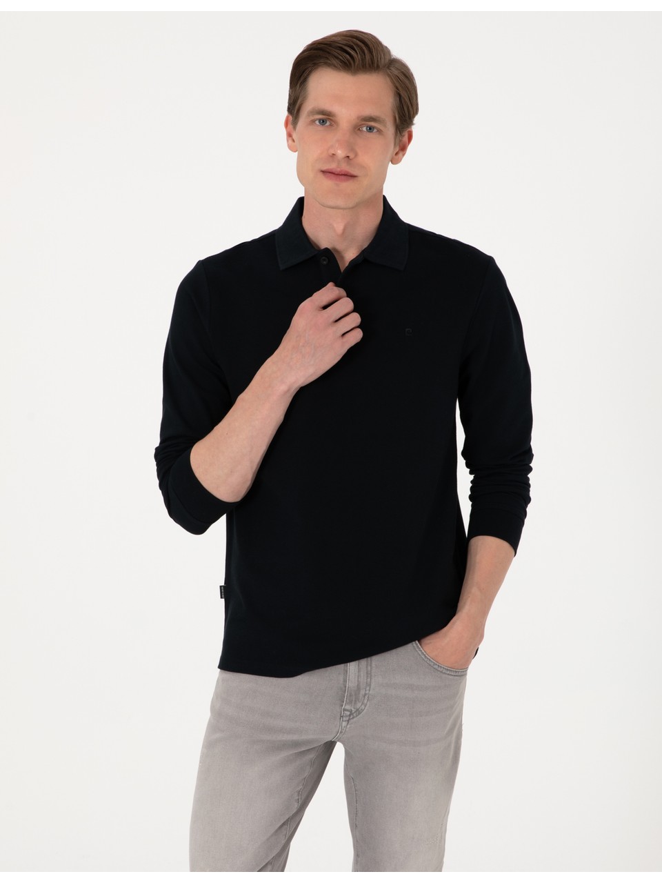 Erkek Siyah Slim Fit Kıvrılmaz Polo Yaka